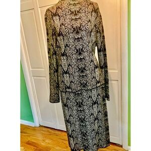 Worthington Womens Long Sleeve Mock Neck Gold Black Knit Sweater Skirt Set L